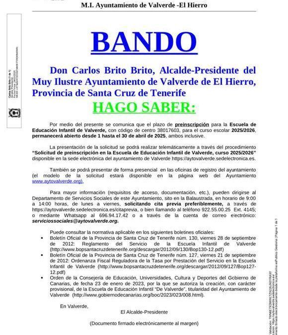 Abierto el plazo de preinscripción de la Escuela Infantil 25/26