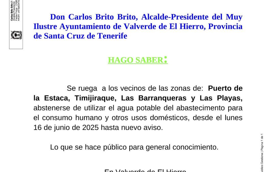 Bando a los vecinos de las zonas: Puerto de la Estaca, Timijiraque, Las Barranqueras y Las Playas