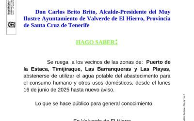 Bando a los vecinos de las zonas: Puerto de la Estaca, Timijiraque, Las Barranqueras y Las Playas