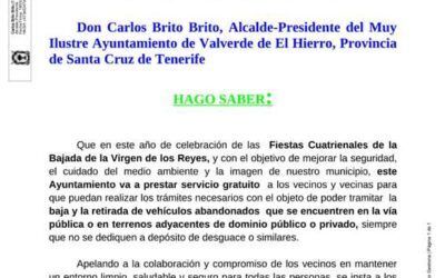 El Ayuntamiento de Valverde de El Hierro ha emitido un bando en el marco de la celebración de las Fiestas Cuatrienales de la Bajada de la Virgen de los Reyes